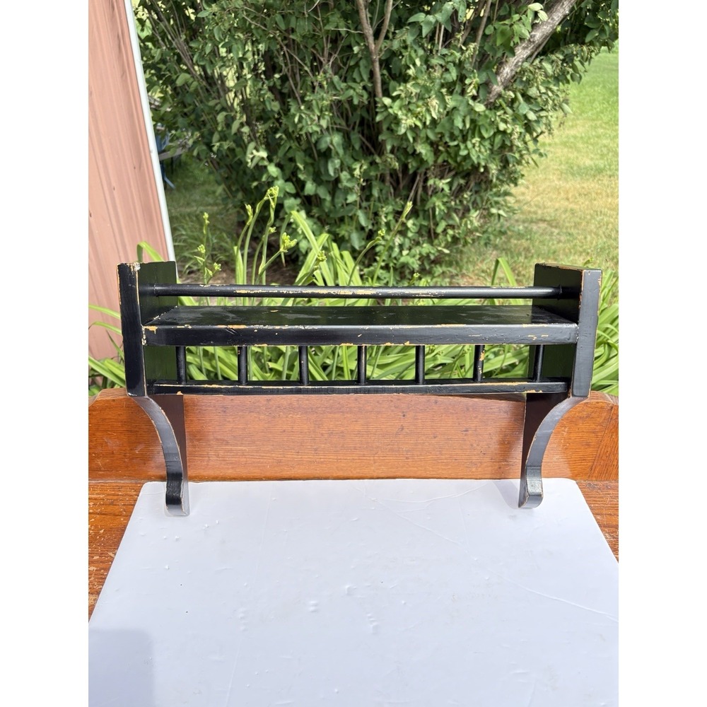 Vintage 17.5" Wooden Wall Shelf Spindle Railing Rustic Farmhouse Black Chipped